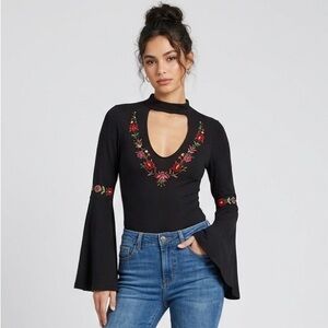 Iris Boho Floral Embroidered Bell Sleeve Bodysuit Black Hippie Peasant Small